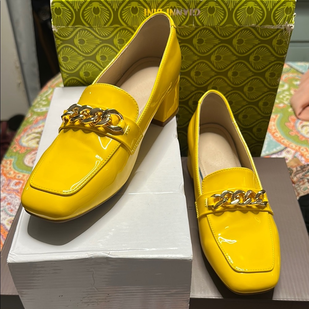 Yellow Patent Leather Loafers with Gold Chain